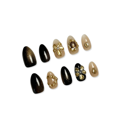 Midnight Gallery Press-On Nails – Almond | Black + 3D Art