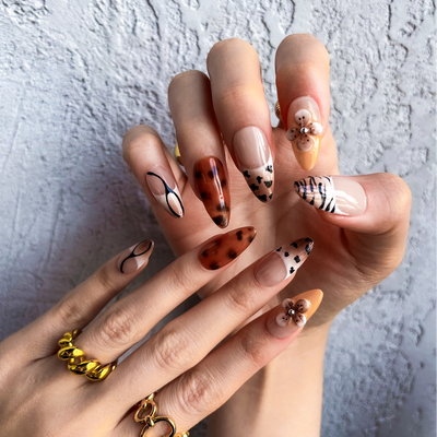 Espresso Spots Press-On Nails – Almond Medium | Milk Tea + 3D