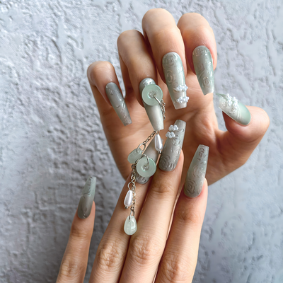 Jade Whisper Press-On Nails – Almond | Green Chrome + Pearl 3D