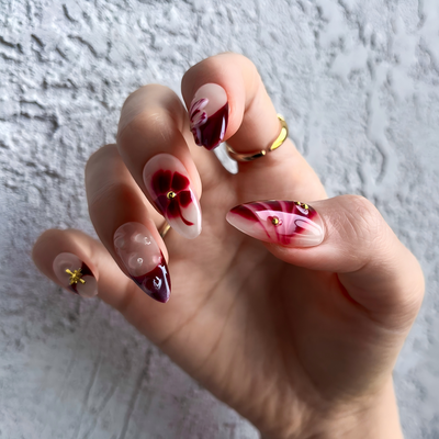 Rouge Botanica Press-On Nails – Almond | Red Floral + 3D