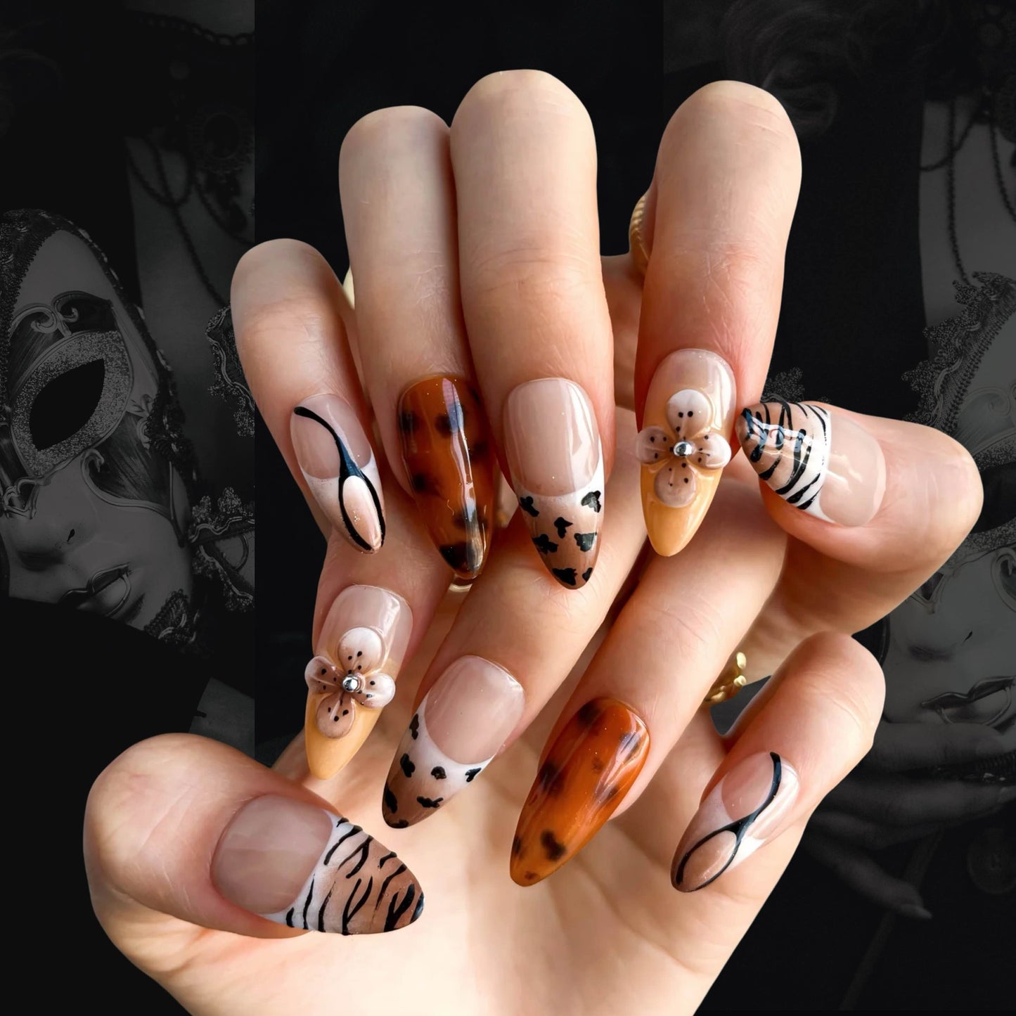 Espresso Spots Press-On Nails – Almond Medium | Milk Tea + 3D