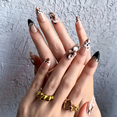 Onyx Pansy Press-On Nails – Almond | Black Floral + 3D
