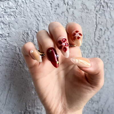 Velvet Lily Press-On Nails – Almond | Velvet Floral + 3D