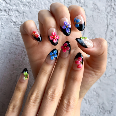 Midnight Garden Press-On Nails – Almond | Black Floral + 3D