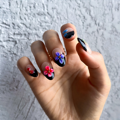 Midnight Garden Press-On Nails – Almond | Black Floral + 3D