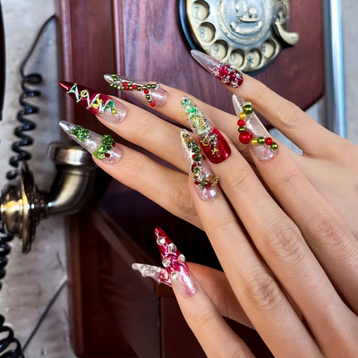 Evergreen Charm Press-On Nails – Stiletto Long | Glitter 3D