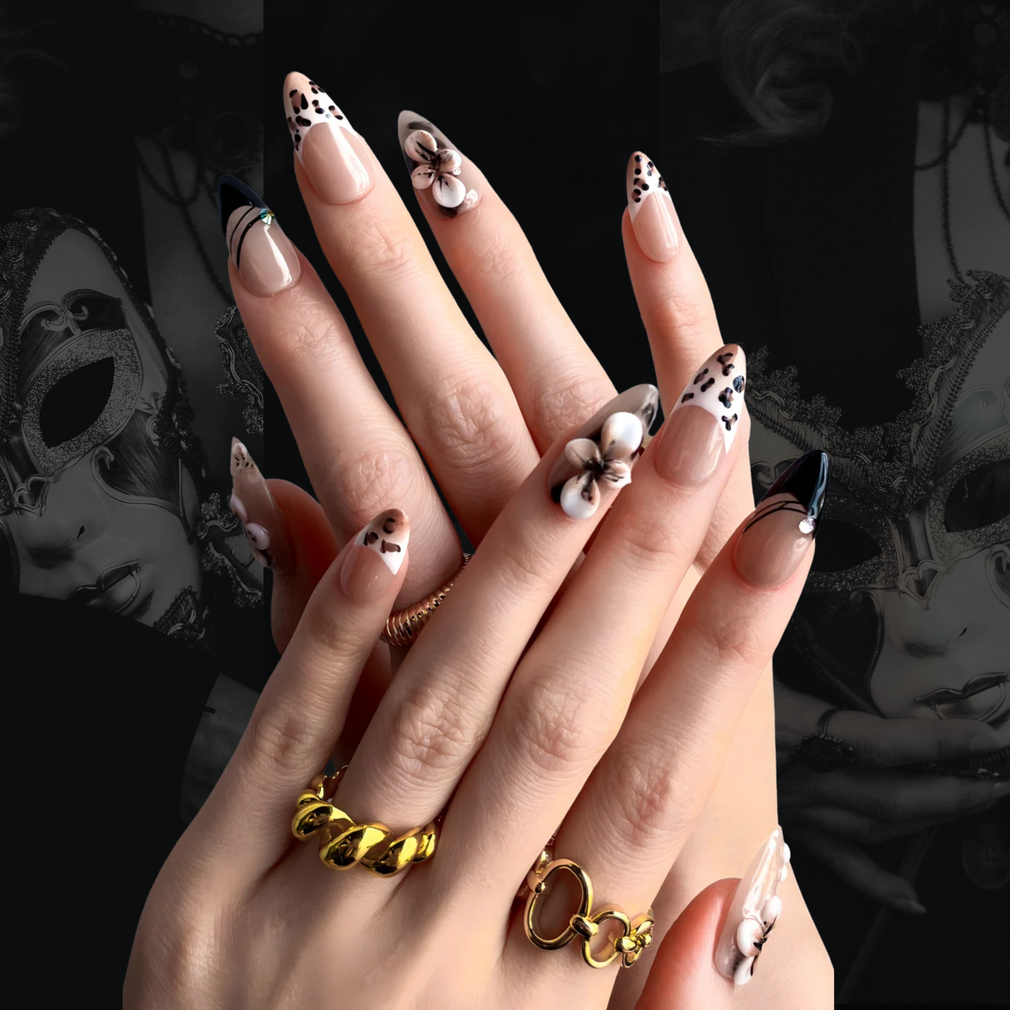 Onyx Pansy Press-On Nails – Almond | Black Floral + 3D