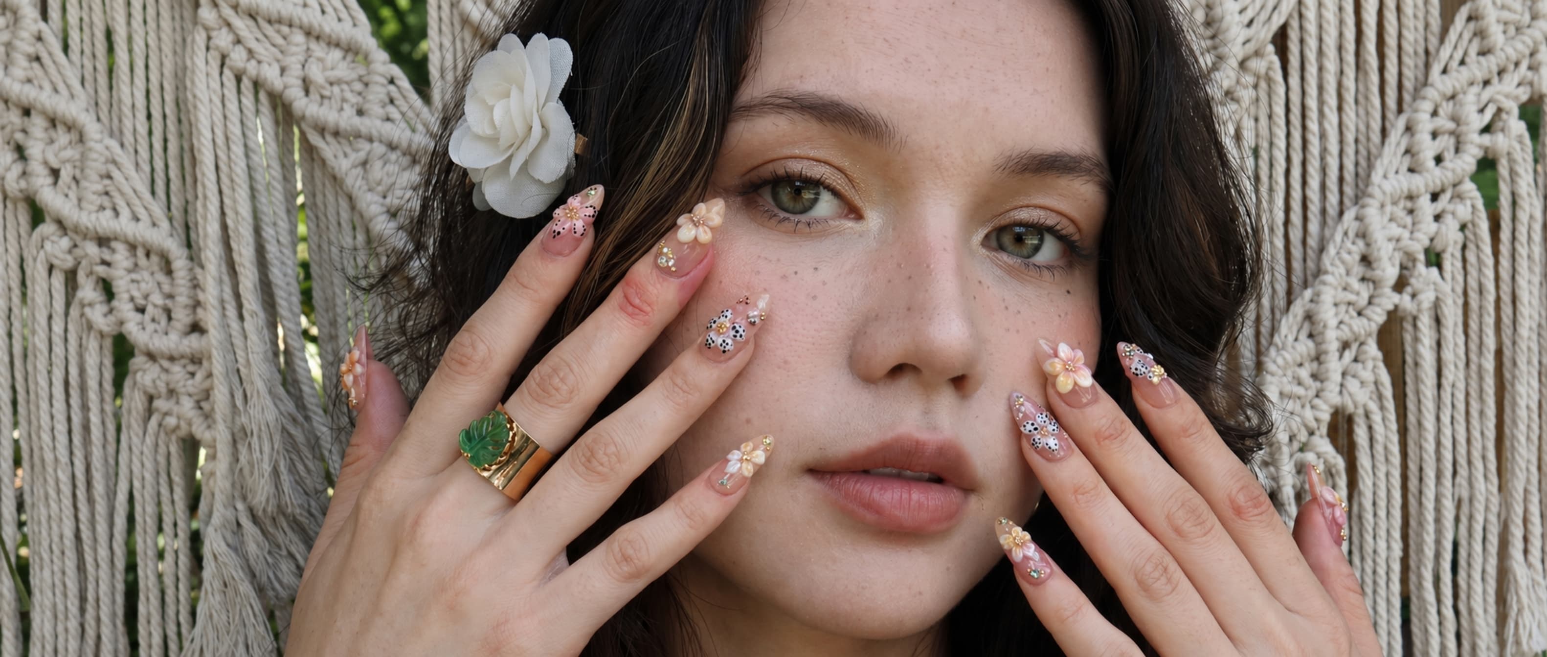 Hand-painted floral almond press-on nails — READY READY NYC