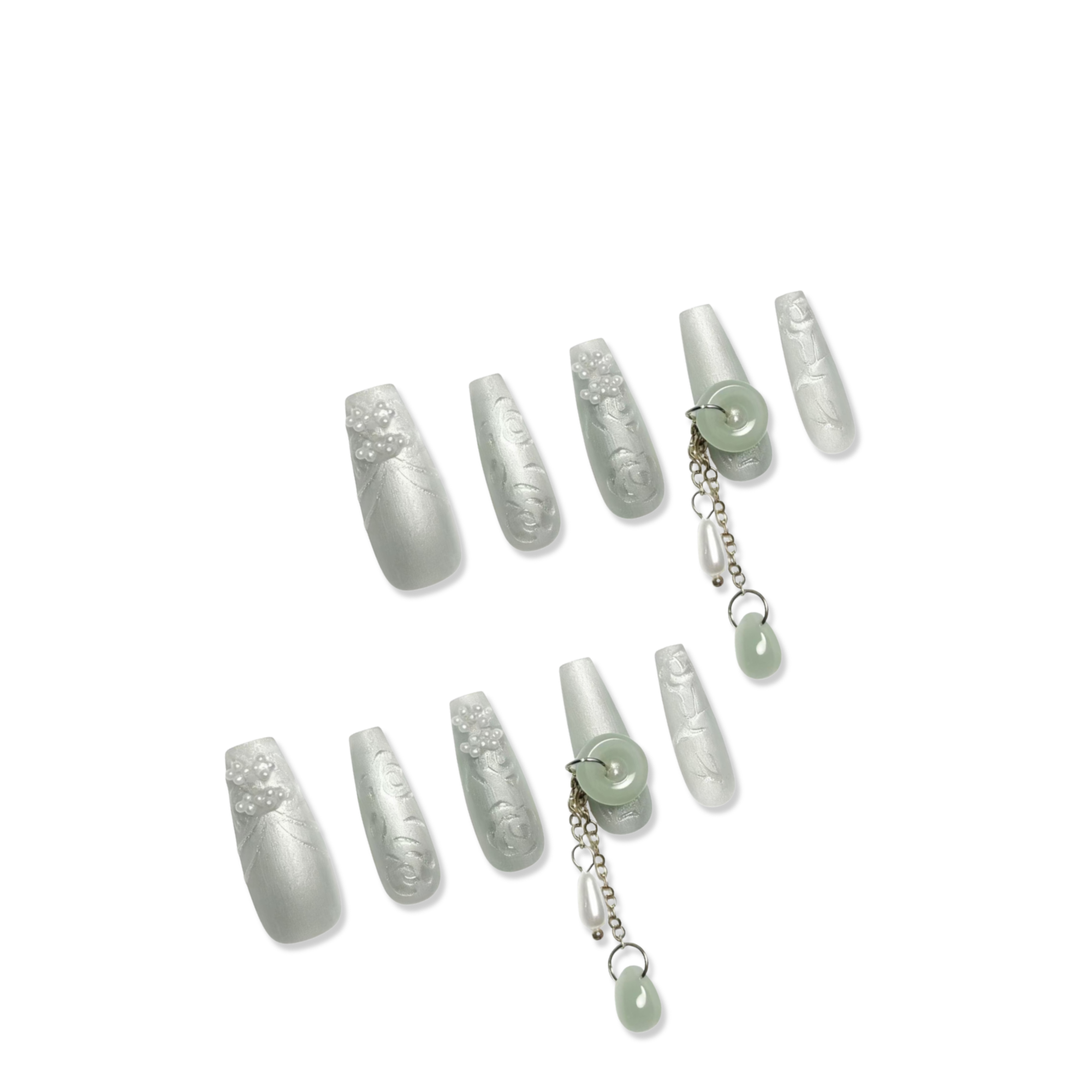 Jade Whisper Press-On Nails – Almond | Green Chrome + Pearl 3D