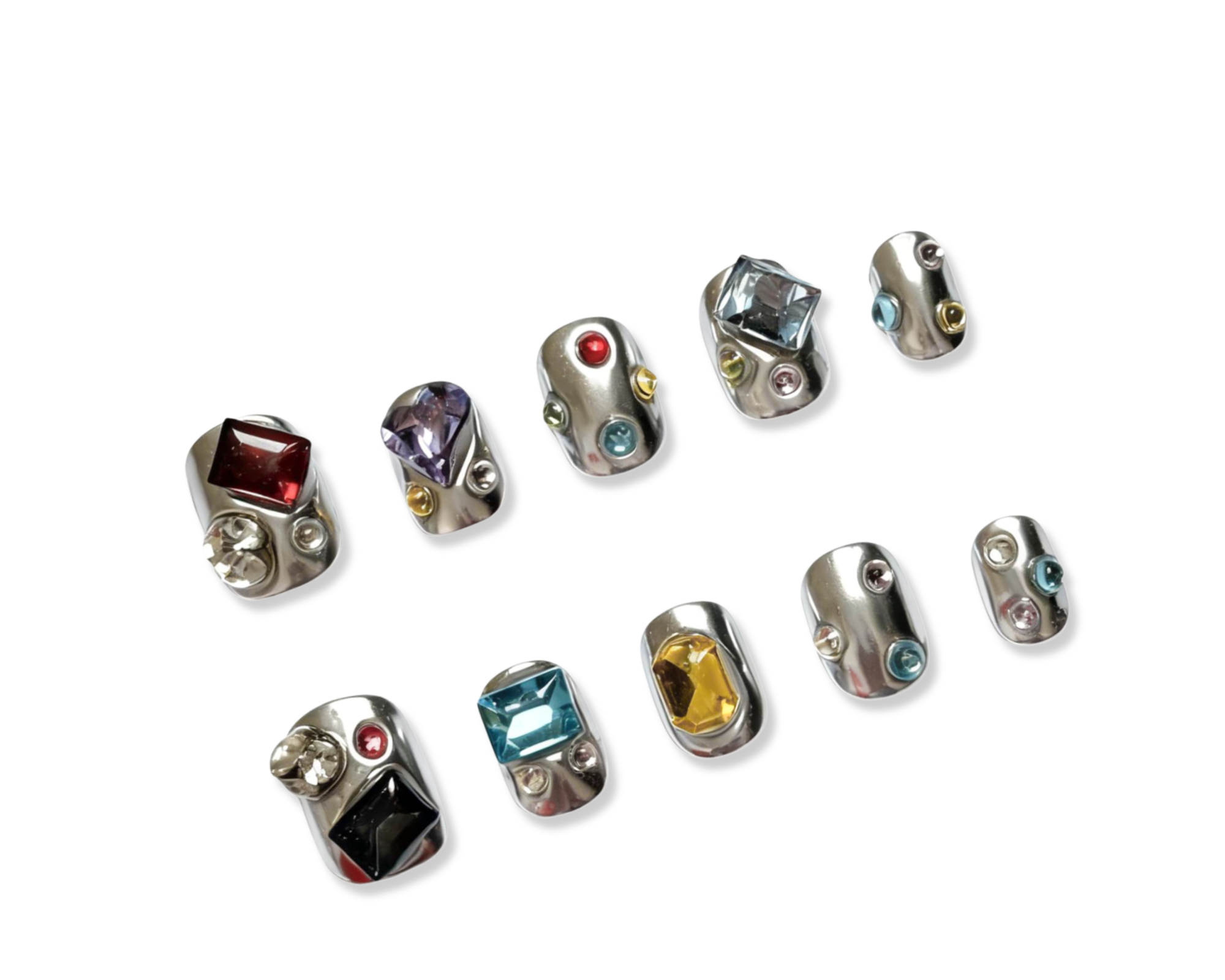 Silver chrome gemstone oval handmade press on nails NYC — READY READY