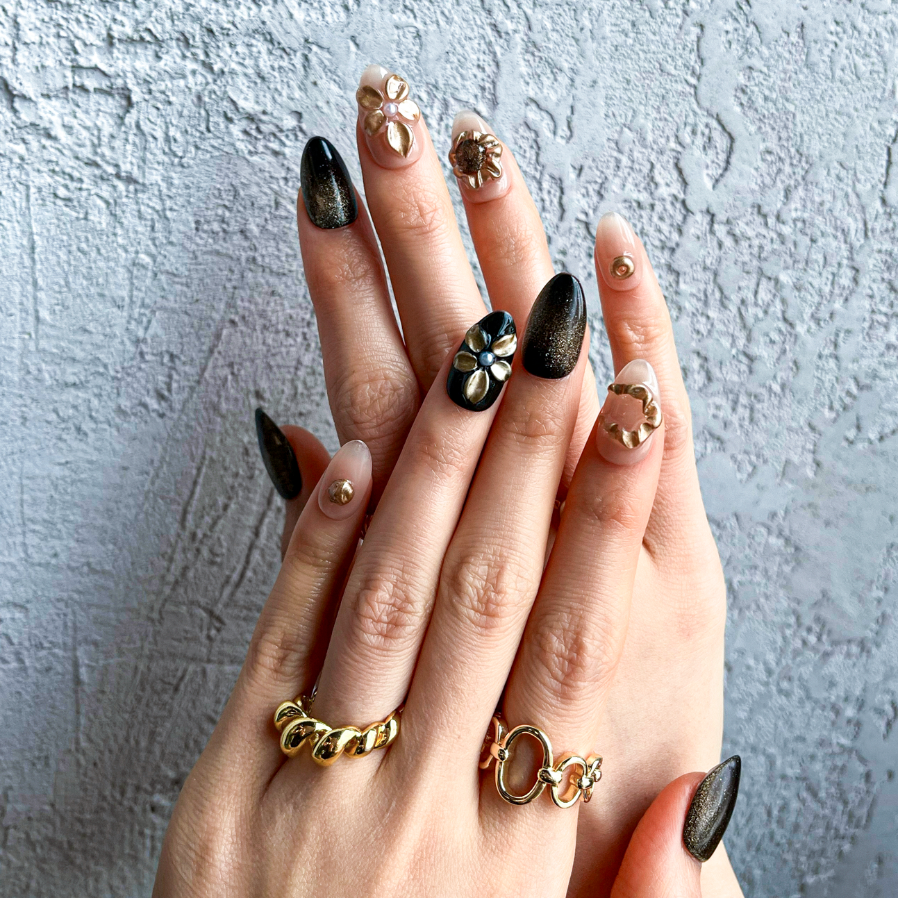 Midnight Gallery Press-On Nails – Almond | Black + 3D Art
