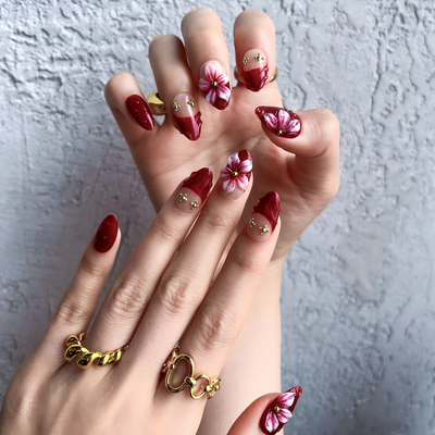 Scarlet Bouquet Press-On Nails – Almond | Red Floral + 3D