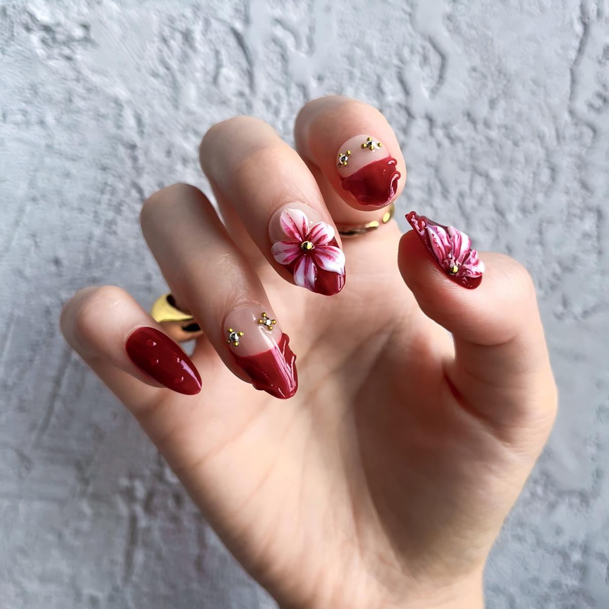 Scarlet Bouquet Press-On Nails – Almond | Red Floral + 3D