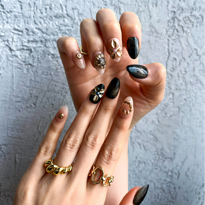 Midnight Gallery Press-On Nails – Almond | Black + 3D Art