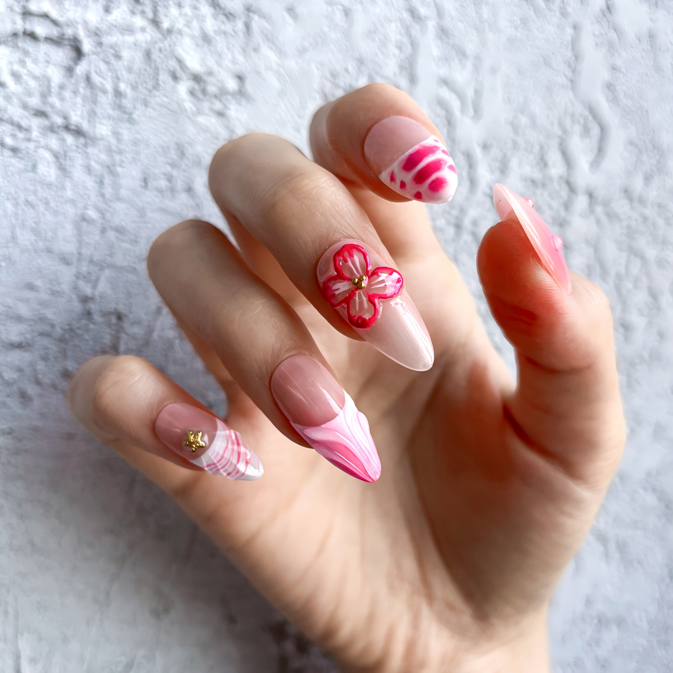 Petal Pop Press-On Nails – Almond | Pink Floral + 3D