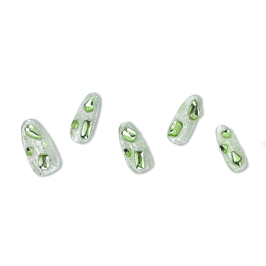 Green sparkling almond handmade press on nails NYC — READY READY