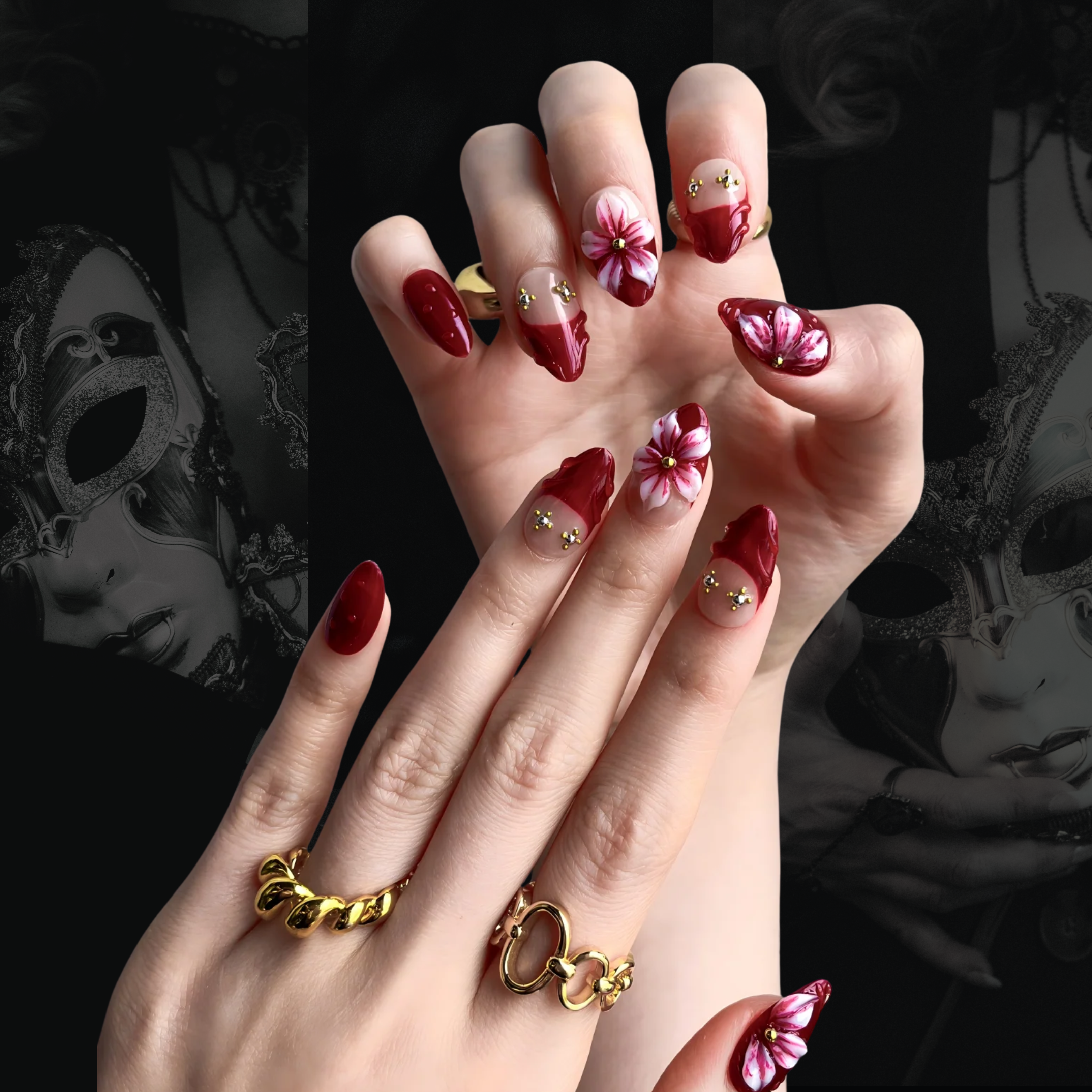 Scarlet Bouquet Press-On Nails – Almond | Red Floral + 3D